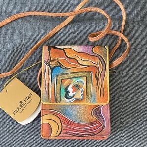New W tags Anuschka Hand Painted Leather Crossbody Purse Bag